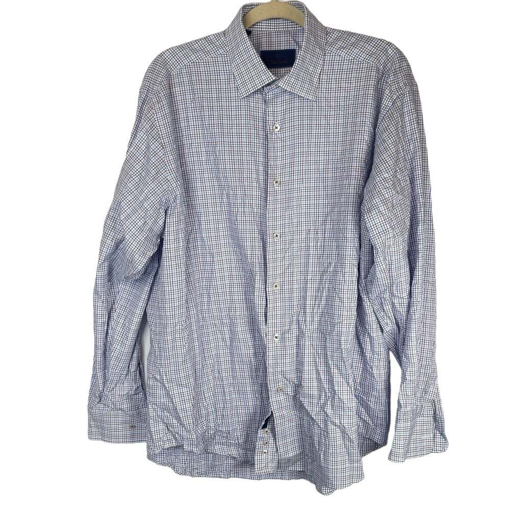 David Donahue Men Striped Button Up Dress Shirt Size 16.5, 34/35  Blue Plaid